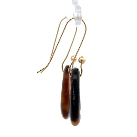 Estate 14k Yellow Gold Oval Carved Tiger's Eye Doorknocker Dangle Hook Earrings